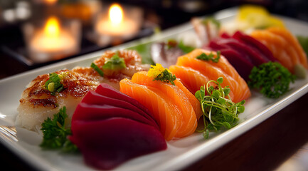 A beautifully arranged plate of sushi, featuring fresh sashimi and vibrant garnishes, perfect for any food lover.