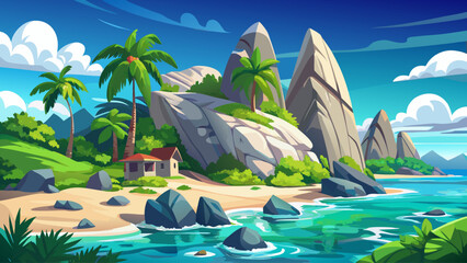 Scenic Seychelles island landscape with luxury resort vibes, featuring iconic granite stones, tropical greenery, clear blue ocean, and pristine sandy coastline. Perfect for travel, tourism