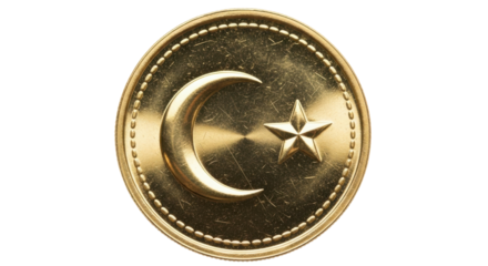 Golden coin with crescent moon and star symbol on black background currency money, Isolated On Png Transparent Background