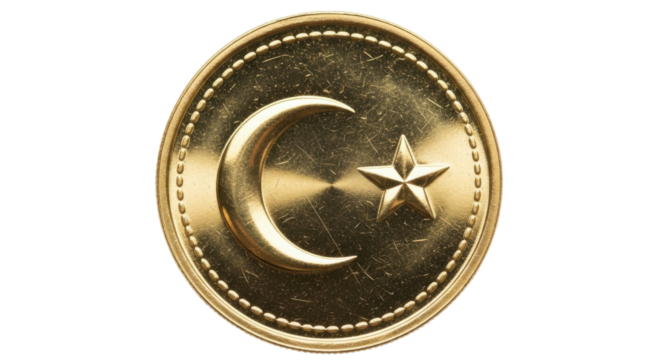 Golden coin with crescent moon and star symbol on black background currency money, Isolated On Png Transparent Background - Powered by Adobe