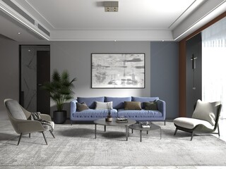 Elegant modern living room interior with blue sofa, luxury furniture, grey rug and abstract painting on wall, 3D rendering.