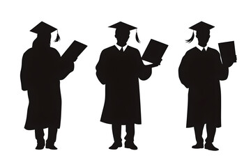 Graduation Silhouette Trio: Elegant silhouettes of graduates in traditional attire, each holding a diploma, convey a sense of academic achievement and the culmination of years of study.