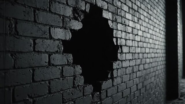 Dark textured brick wall with large exploding hole abstract background