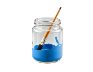 Paintbrush Soaking in Blue Paint in a Glass Jar