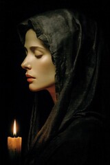 Woman with candle in dark setting wearing black hood, captured in profile during a quiet moment of reflection in an intimate atmosphere of dim light