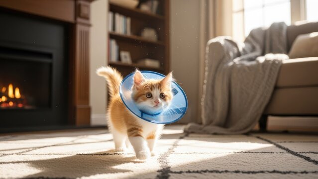 A ginger and white kitten wearing a blue cone collar, walking on a white rug in a cozy living room with a fireplace and a beige sofa.
