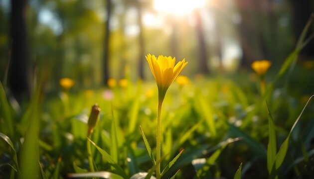 Wild yellow flowers almost in bloom with lush green foliage against a soft bokeh background and warm sunlight. - Powered by Adobe