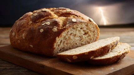 Rustic oat bread loaf sliced on a wooden board under a dramatic stormy sky with lightning