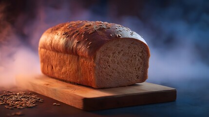 A freshly baked loaf of bread sprinkled with seeds rests on a wooden board with a dramatic smoky background