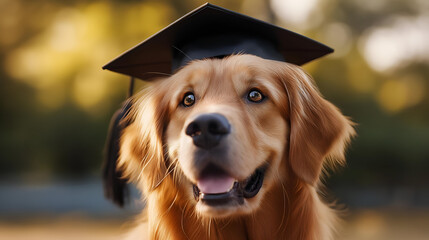 A cheerful golden retriever wearing a graduation cap, capturing the joy of achievement and celebration in a warm outdoor setting.