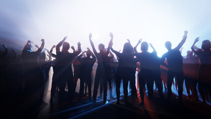 Enthusiastic crowd enjoying a concert with raised hands and bright stage lights. 3D render