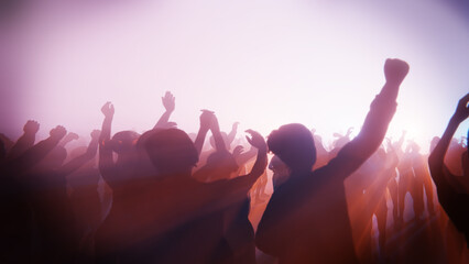 Enthusiastic crowd enjoying a music concert with arms raised in the air. 3D render