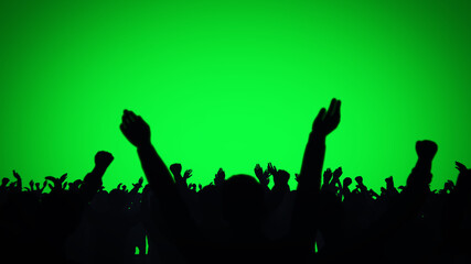 Concert crowd with hands raised against a green screen backdrop. 3D render