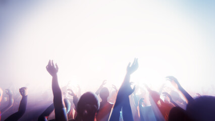 Concert crowd with arms raised in the air, enjoying the music and atmosphere. 3D render