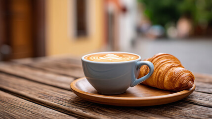 fresh croissant and cup of latte with creamy foam served on a white plate on a rustic wooden table outdoors, perfect for café menus, breakfast promotions, food blogs, lifestyle visuals