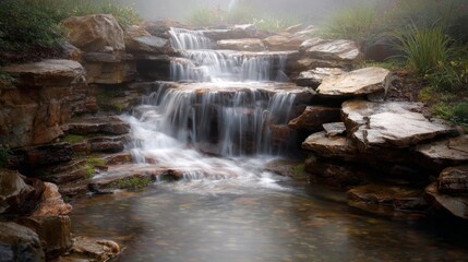 Fototapeta premium Serene Waterfall Cascading Over Rocks in a Misty Forest Landscape Surrounded by Lush Green Vegetation and Calm Reflective Water Surface