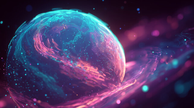 glowing futuristic planet surrounded by swirling neon pink and teal light trails in a cosmic atmosphere, ideal for sci-fi artwork, tech banners, digital wallpapers, innovation presentations 