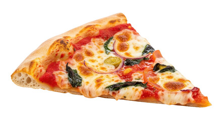 Slice of pizza with melted cheese red sauce basil red onion and green olives food italian, Isolated On Png Transparent Background