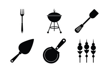 Pizza and Grill Tools vector silhouette set