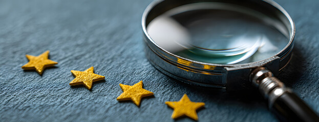 Positive feedback, Magnifying glass with five star, Excellent or good review result concept, Customer giving rating for experience or quality product and service, Opinion survey