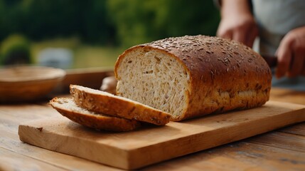 A freshly baked rustic loaf of bread with seeds is sliced on a wooden board outdoors under the sun