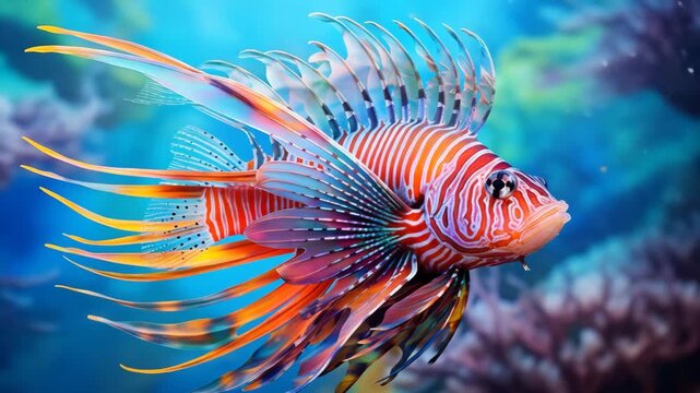 Lionfish with spread fins in ocean 