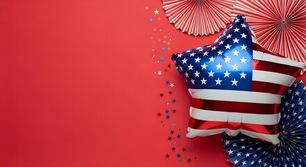 American Flag star shaped foil balloon and paper fans on a vibrant red background with copy space