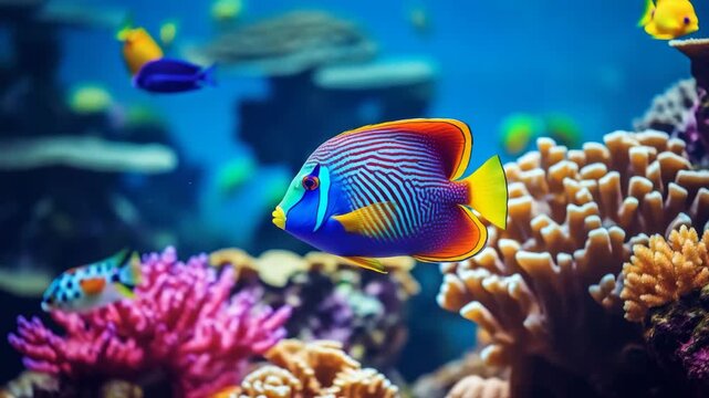 Multi colored tropical fish in coral reef