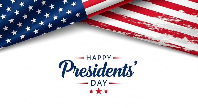 Happy Presidents' Day text with distressed American flag banner graphic design on white background
