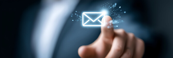 Naklejka premium A businessman touching a digital email icon, symbolizing communication, connection, and the modern way of corporate messaging.