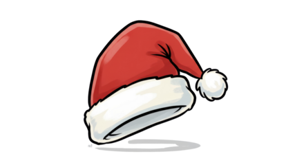 Hand Drawn Cartoon Red Santa Hat with White Fur Trim and Pom-Pom Isolated