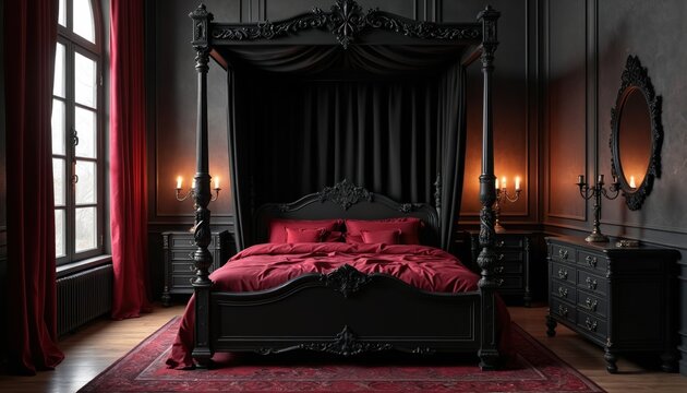 Gothic bedroom features black canopy bed, deep red bedding, velvet curtains, and ornate furniture. Antique lamps cast soft light. Elegant mysterious interior with dark accents.