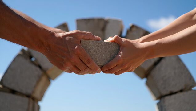 Two people cooperating as holding a capstone against a bright blue sky. Male and female teamwork and partnership in a shared effort