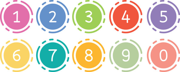 Set of colorful number bullet points from 0 to 9.