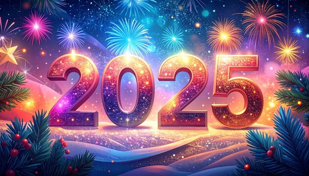 2025 iluminado con efectos brillantes y colores ne&oacute;n. A los lados aparecen esferas navide&ntilde;as resplandecientes, mientras fuegos artificiales y destellos de luz llenan el fondo.