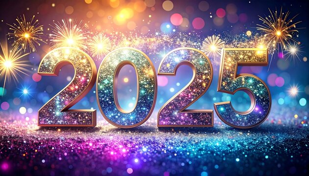 2025 iluminado con efectos brillantes y colores ne&oacute;n. A los lados aparecen esferas navide&ntilde;as resplandecientes, mientras fuegos artificiales y destellos de luz llenan el fondo.