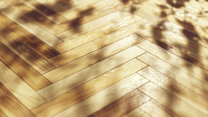 Herringbone wood floor with shadows and sunlight for a natural background