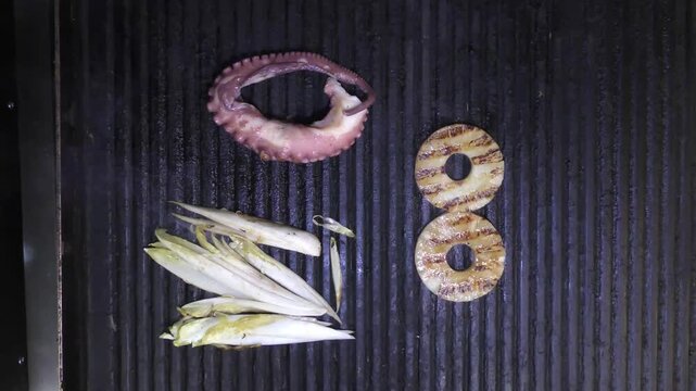 cucinare su piastra polipo, ananas e indivia