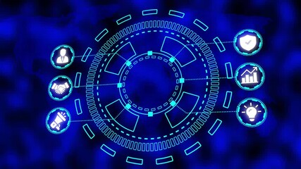 Digital Network Hub with Global Map and Business Icons in Neon Blue technology - Powered by Adobe