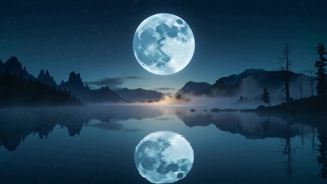 Soft glowing moon above misty lake &mdash; surreal night dreamcore concept