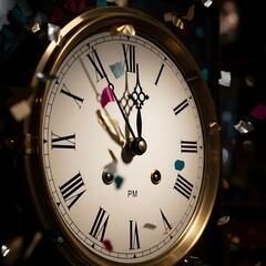 Close-up of a vintage clock face with hands approaching midnight, surrounded by falling confetti, symbolizing New Year's Eve celebration and the passage of time