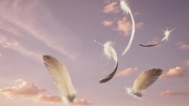Feathers drifting through pink sky &mdash; light and surreal fantasy motion