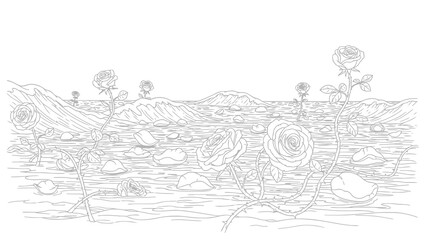 Fototapeta premium Line art drawing of roses blooming in wavy water with petals floating, serene scene