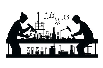 Innovation in Silhouette: Two diligent scientists conduct experiments within a modern laboratory, their figures silhouetted against a backdrop of beakers and test tubes.