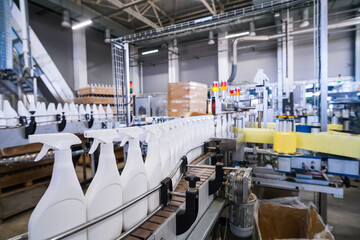 The production process of plastic spray bottles intended for household chemicals.