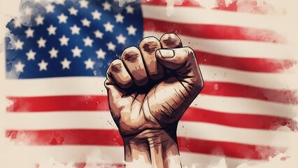 Raised fist in front of an american flag symbolizing strength and national pride