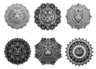 Set, collage. Mandala. Tiger. Geometric composition on a neutral transparent background. India. For designers, marketers, IT professionals. Popular image, illustration.