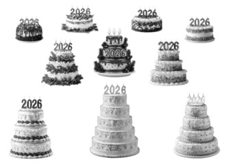 Set, collage. New Year's, beautiful cake, pie on a neutral transparent background. 2026. Popular illustration, object, symbol, texture, pattern, holiday.