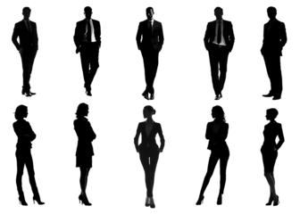 Set, collage. Silhouette of a business man, woman on a neutral white transparent background. Business, society, economy, health, relationships. For designers, marketers, IT.