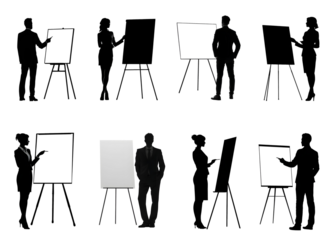 Set, collage. Silhouette of a business man, woman near a presentation board on a neutral white transparent background. Business, society, economy, health, relationships. For designers, marketers, IT.